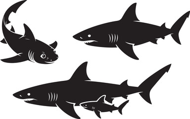 Shark family black silhouette isolated on transparent background vector illustration