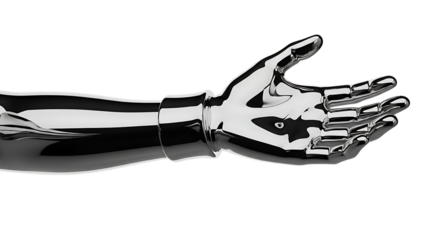 Futuristic chrome robotic hand in an open gesture, isolated against a solid black backdrop isolated on transparent background