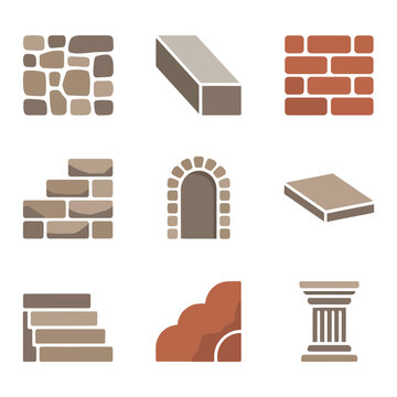 Masonry element icon set, brick wall stone block arch column pieces, classic construction symbols, flat vector illustration