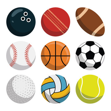 Sports ball icon collection, soccer basketball baseball tennis volleyball golf bowling balls, athletic equipment set, colorful flat vector illustration