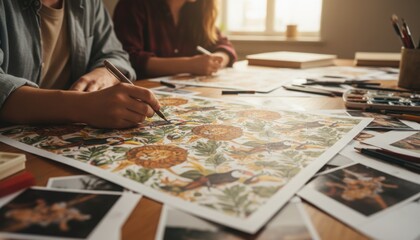 Artists hands drawing detailed wildlife illustration on paper at shared creative workspace symbolizing craftsmanship illustration process and artistic collaboration