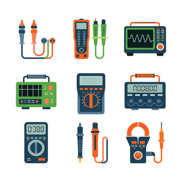 Electrical testing instrument icon set, multimeter oscilloscope probes cables signal measurement devices, electronics diagnostics, flat vector illustration
