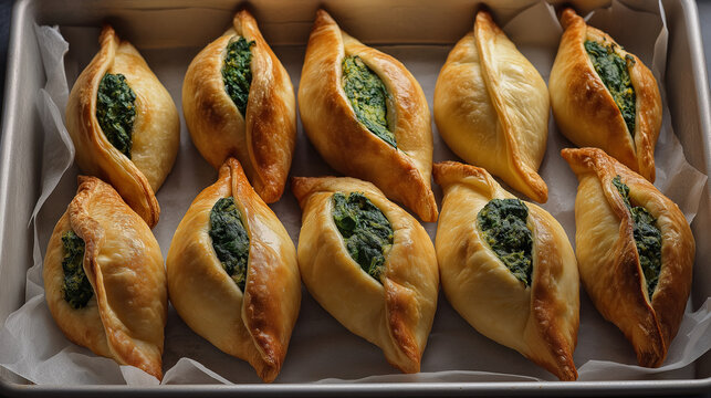 Freshly baked Arabic spinach fatayer pastries filled with seasoned greens, golden crust, arranged on a tray