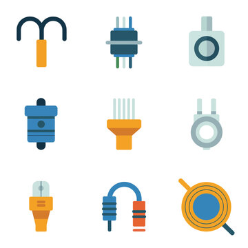 Electrical plug and connector icon set with power cable socket adapter charging elements, modern energy supply flat vector illustration