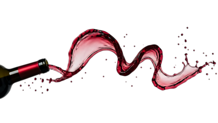 A dynamic splash of red wine pouring from a bottle creates an artistic wave against a dark backdrop isolated on transparent background