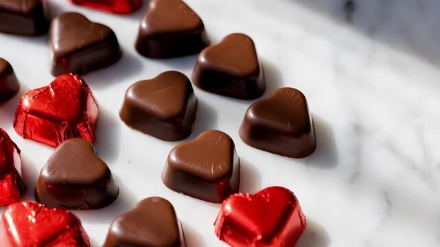 Rows of heart shape chocolate candy with some wrapped in red foil on a white marble surface for Valentines Day.