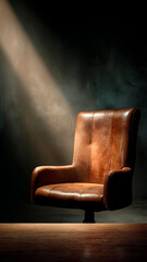 Empty Vintage Leather Armchair in Spotlight on Dark Backdrop. Executive Office, Corporate Power, Dramatic Interior.