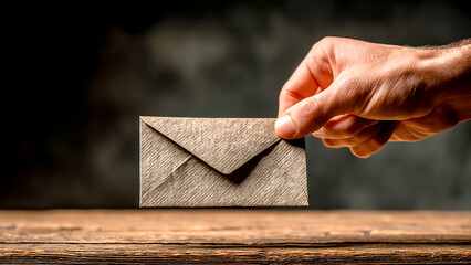 Close-up of Hand Holding a Small Paper Envelope. Confidential Mail, Secret Message, Important Document.