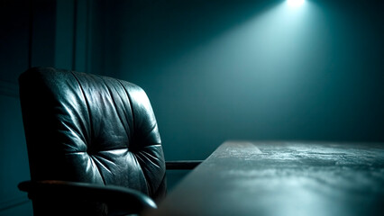Empty Black Leather Office Chair at Conference Table Backdrop. Serious Discussion, Interview Setting, Corporate Drama.