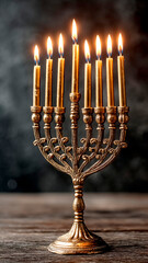 Antique Golden Menorah with Lit Candles on Dark Wood. Celebration Decor, Jewish Faith, Rustic Setting.