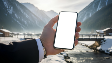 Hand Holding Modern Smartphone With Blank Screen In Snowy Mountain Valley Scenic Winter Background For Mobile App Presentation And Digital Mockup