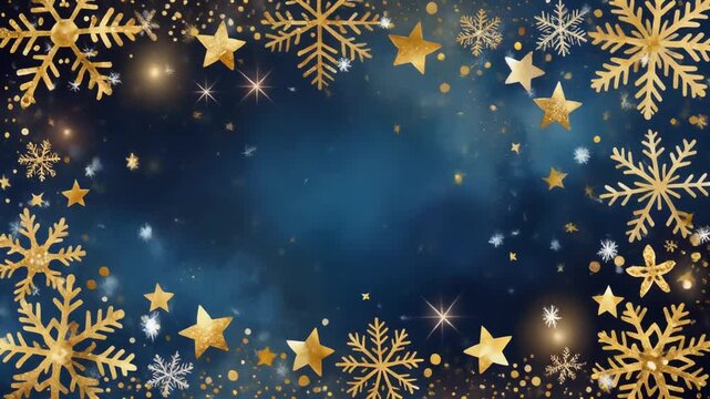 Marco navide&ntilde;o con un elegante marco de copos de nieve y estrellas doradas que rodean la imagen. El fondo presenta una  degradadO en tonos azul profundo y dorado c&aacute;lido.