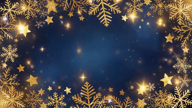 Marco navide&ntilde;o con un elegante marco de copos de nieve y estrellas doradas que rodean la imagen. El fondo presenta una  degradadO en tonos azul profundo y dorado c&aacute;lido.