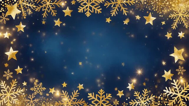 Marco navide&ntilde;o con un elegante marco de copos de nieve y estrellas doradas que rodean la imagen. El fondo presenta una  degradadO en tonos azul profundo y dorado c&aacute;lido.
