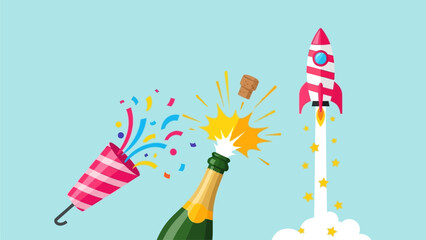 Celebrating the arrival of 2026 with a festive bottle of champagne, colorful balloons, and noisemakers, signifying joy and new beginnings