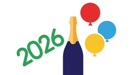 Celebrating the arrival of 2026 with a festive bottle of champagne, colorful balloons, and noisemakers, signifying joy and new beginnings