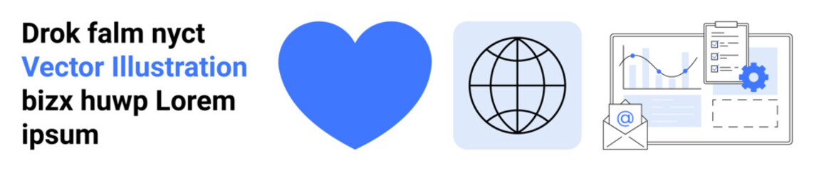 Digital marketing, global communication, business analysis, online services, data trends, web design. Blue heart, globe icon and a chart with analytics. Communication and business analysis concept