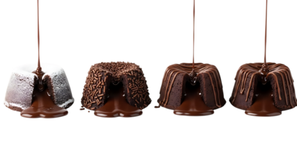 Four different styles of rich chocolate lava cake with molten centers and flowing chocolate sauce. isolated on transparent background