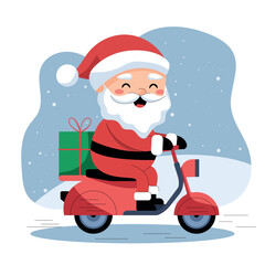 Cute vector cartoon of Santa Claus riding a scooter with a gift box in snowy winter, perfect for Christmas and New Year greeting cards, kids designs, holiday banners, party invitations.