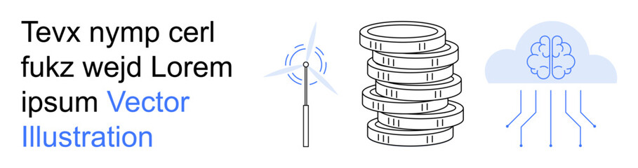 Renewable energy, AI advancements, technology, digital economy, sustainability, cloud computing. ion of a wind turbine, stacked coins and cloud computing icon. Renewable energy and AI concept