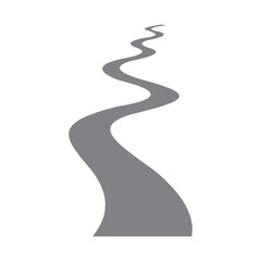 A stylized grey pathway curves and winds its way upwards across a white background. The road's path is dynamic and sinuous suggesting movement and journey.