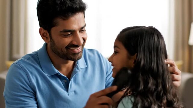 Loving Indian father smiles at his daughter during a happy family moment.