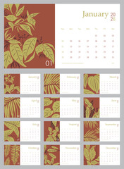 2026 calendar with tropical plant vector illustrations, week starts on Sunday