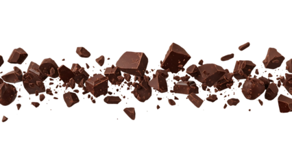 Dynamic composition of flying chocolate pieces creating an abstract design isolated on transparent background