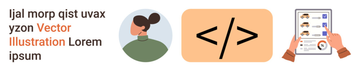Digital profiles, coding education, recruitment, technology, web development, job search. Female head profile, coding symbol hands holding a profile document. Digital profiles and coding education