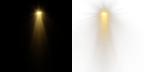 Bright spotlights shine down, forming focused light circles. Floodlight beam, illuminated spotlights. Projection studio lights beam. Transparent allows seamless web or poster use.Spotlights.