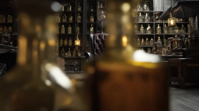 A dimly lit room with rows of jars, laboratory equipment, and antique stools. Shelves hold many jars