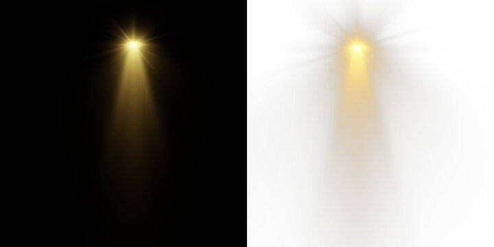 Bright spotlights shine down, forming focused light circles. Floodlight beam, illuminated spotlights. Projection studio lights beam. Transparent allows seamless web or poster use.Spotlights.