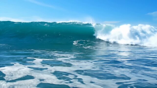 Powerful ocean wave cresting and breaking with white foam under a clear blue sky