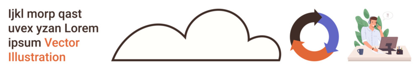 Cloud computing, workflow optimization, teamwork, productivity, data storage, collaboration. Minimalist cloud outline, circular process diagram person working on a laptop. Cloud computing