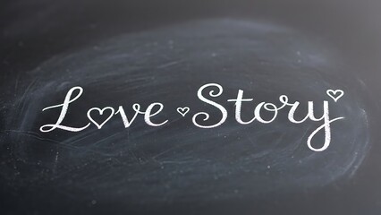 Elegant white chalk script spelling out love story with small hearts drawn on a dark textured blackboard background for romantic concepts