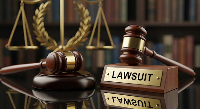 Justice scales and gavel on a desk with a lawsuit sign in a library