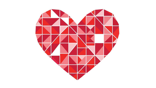 Vibrant red heart shape formed by small triangles on white background, geometric mosaic pattern, symbolizing love and passion