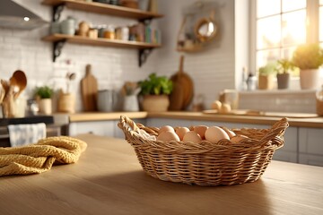 Fototapeta premium Farm fresh eggs in wicker basket on kitchen table