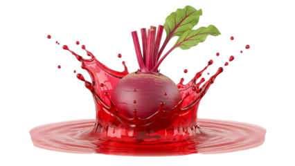 Vibrant beetroot splashing into a pool of fresh red juice on a black background isolated on transparent background
