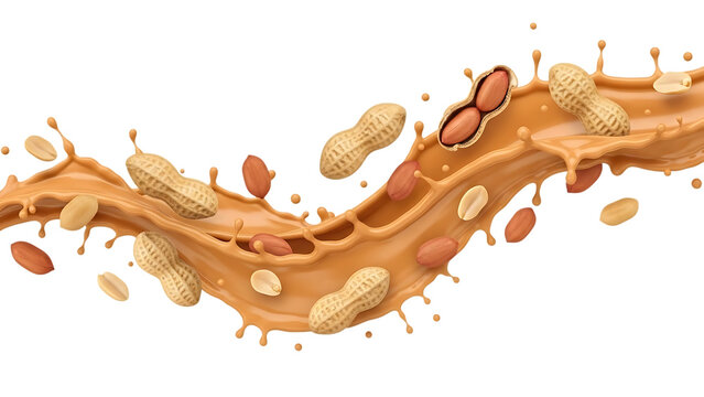A dynamic splash of creamy peanut butter with whole peanuts and shelled nuts flying through the air isolated on transparent background