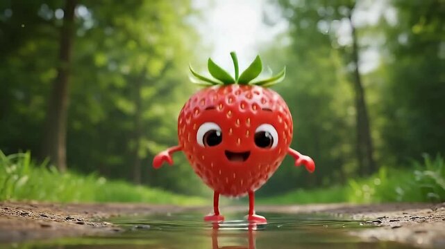 Adorable animated strawberry character joyfully splashing into a puddle with magical sparkles in a lush green forest setting