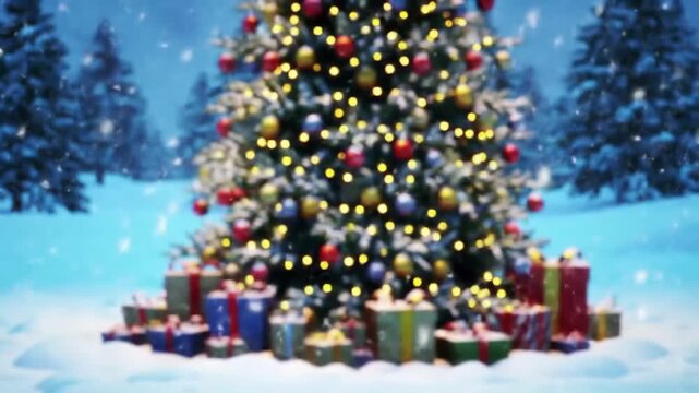 Decorated tree and gifts with a snowy backdrop, blurred image