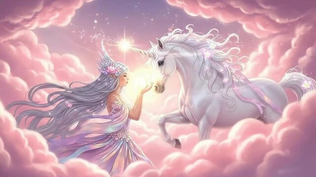 Ethereal fantasy scene featuring a majestic white unicorn meeting a celestial goddess surrounded by soft pink clouds and bright starlight