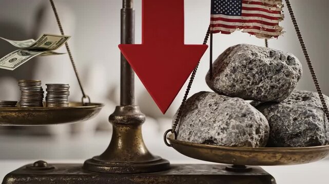 Worn scale tipping with red arrow over scales balancing coins and stone with torn flag showing