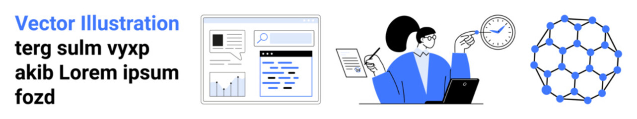 Workflow management, data analysis, research, digital tools, time management, technology-driven insights. Female professional analyzing data and pointing at a clock. Workflow management and data