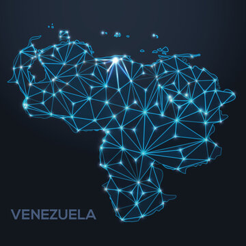 Low-poly vector map of Venezuela featuring glowing city lights and population density illustrated through star-like dots and cosmic shapes.