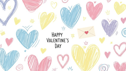 Colorful hand drawn hearts on white background with happy valentine's day text