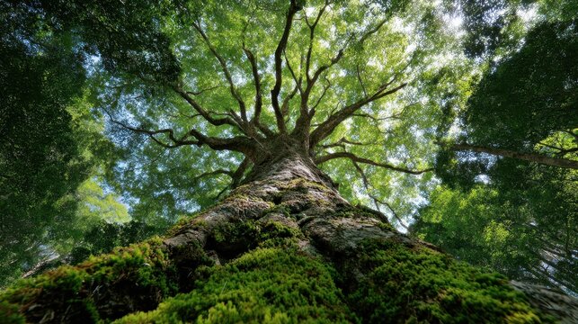 Majestic old tree with mossy trunk reaching skyward