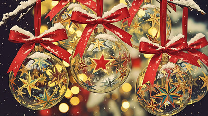 Christmas ornaments hanging with red ribbons and golden stars