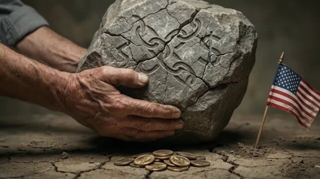Weathered hands hold carved stone with chained dollar coin, small flag and economy resilience